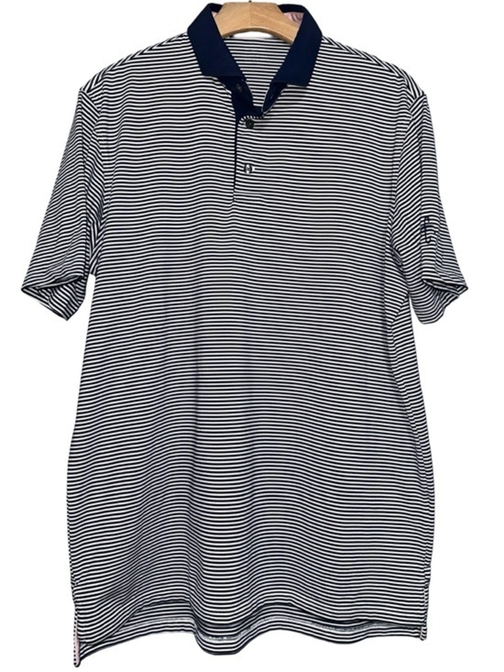 Greyson Men’s Size M Navy Blue White Striped Performance Golf Polo Shirt